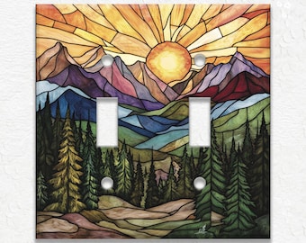 Decorative Switch Plate Covers Stained Glass Mountain Landscape Light Electric Switch Plate Cover Metal Wallplates Home Decor Cabin Decor