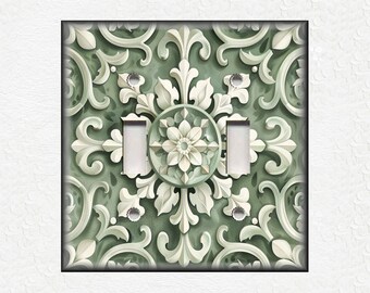 Green Sage Antique Medallion Switch Plate Covers And Outlet Covers - Unique Green Switch Plate Covers And Outlet Covers - Green Wall Plates