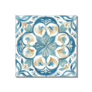May include: A square tile with a blue and white geometric pattern. The pattern is made up of repeating shapes that resemble flowers and leaves. The tile has a watercolor effect, giving it a soft and delicate look.