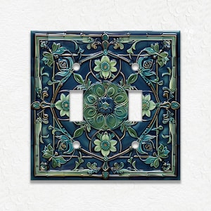 Blue And Green Vintage Art Nouveau Design Metal Light Switch Plate Covers And Outlet Covers - Antique Design Decor - Art Nouveau Home Decor Double Toggle