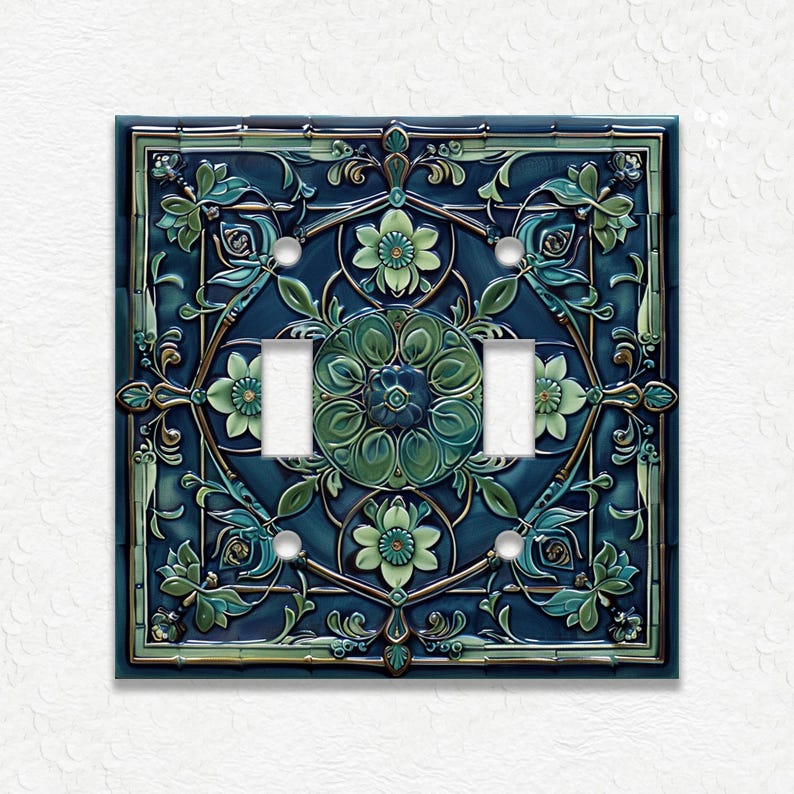 Blue And Green Vintage Art Nouveau Design Metal Light Switch Plate Covers And Outlet Covers - Antique Design Decor - Art Nouveau Home Decor Double Toggle