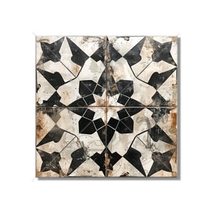 May include: Black and white geometric tile with a distressed, vintage look. The tile features a repeating pattern of stars and diamonds.