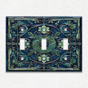 Blue And Green Vintage Art Nouveau Design Metal Light Switch Plate Covers And Outlet Covers - Antique Design Decor - Art Nouveau Home Decor Triple Toggle