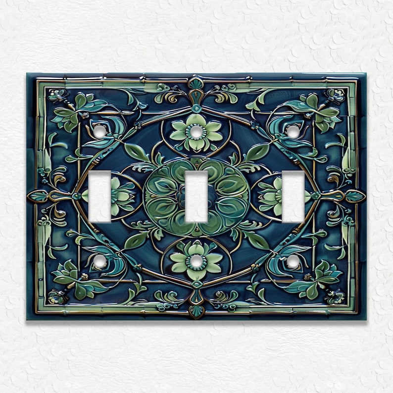 Blue And Green Vintage Art Nouveau Design Metal Light Switch Plate Covers And Outlet Covers - Antique Design Decor - Art Nouveau Home Decor Triple Toggle