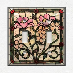 Decorative Art Nouveau Switch Plates Outlet Covers Stained Glass Pink Flower Design Home Decor Metal Light Switch Plate Cover Free Shipping