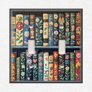May include: A light switch cover with a colorful image of a bookshelf filled with books decorated with floral patterns.