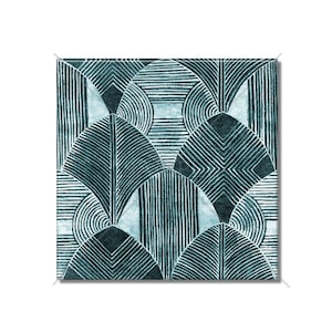 May include: Abstract geometric pattern in shades of blue and green. The pattern features overlapping circles, lines, and arches.