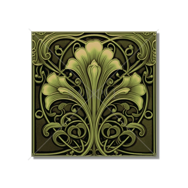 Ceramic Tile Kitchen Backsplash Tile - Dark Green Vintage Art Nouveau Design Bathroom Tile - Antique Reproduction Tile - Fireplace Tile