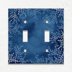 Dark Blue Watercolor Art Decor White Floral - Metal Light Switch Cover - Switch Plates And Outlet Covers - Free Shipping