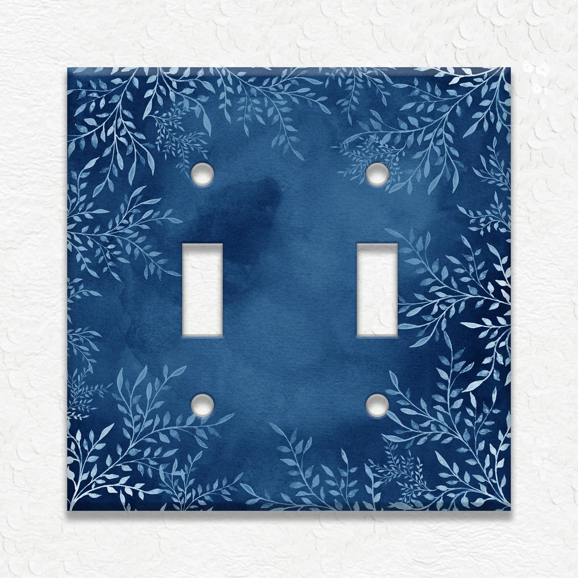 Dark Blue Watercolor Art Decor White Floral - Metal Light Switch Cover Plates & Outlet Covers Free Shipping