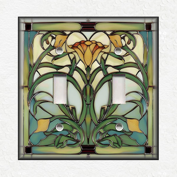 Green Blue Vintage Stained Glass Design Metal Light Switch Plate Covers And Outlet Covers - Antique Design Decor - Art Nouveau Home Decor