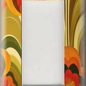 May include: A decorative light switch cover with a retro floral design. The cover features a white center panel surrounded by a vibrant pattern of orange, red, yellow, and green stylized flowers and curved lines. The design evokes a vintage aesthetic.