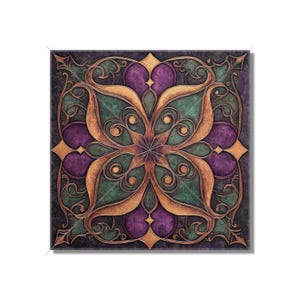 May include: A square tile with a decorative design featuring a stylized floral pattern in shades of gold, green, and purple.