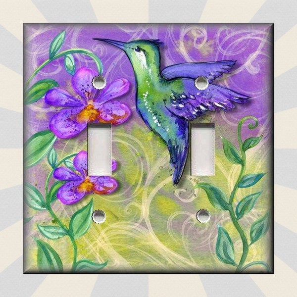 Colorful Hummingbird Home Decor Purple Green Bird - Metal Light Switch Plate Cover - Switch Plates Outlet Covers Triples - Free Shipping