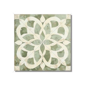 May include: A square tile with a white floral design on a green background. The design is intricate and symmetrical, with a central flower surrounded by smaller flowers and leaves.