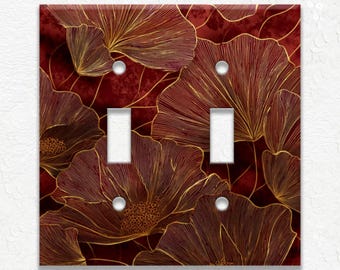 Elegant Dark Red Botanical Design Metal Light Switch Covers, Outlet Covers, Floral Design Wall Plates, Duplex Covers, Unique Home Decor