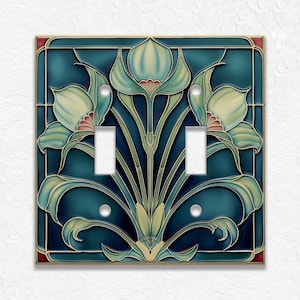 Blue Green Vintage Art Nouveau Design Metal Light Switch Plate Covers And Outlet Covers - Antique Design Home Decor - Art Nouveau Home Decor