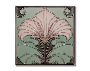 Ceramic Tile Kitchen Backsplash Tile - Pink Green Vintage Art Nouveau Design Bathroom Tile - Antique Reproduction Tile - Fireplace Tile