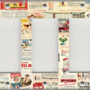 May include: A vintage-style light switch cover with a collage of retro advertisements. The cover features images of food, drinks, and household appliances. The text on the advertisements includes "Jell-O", "Westinghouse", "English Electric", "Dow", and "Pizza".
