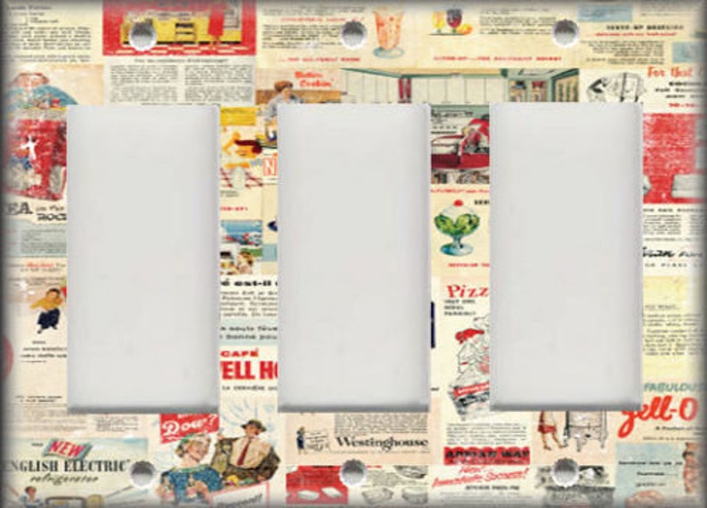 May include: A vintage-style light switch cover with a collage of retro advertisements. The cover features images of food, drinks, and household appliances. The text on the advertisements includes "Jell-O", "Westinghouse", "English Electric", "Dow", and "Pizza".