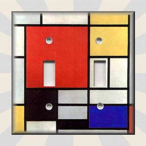 May include: A light switch cover featuring a geometric abstract painting in shades of red, yellow, blue, black, and white. The painting is reminiscent of a famous work of art.