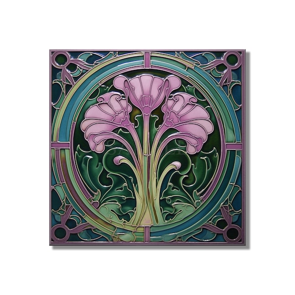 Ceramic Tile Purple Green Vintage Art Nouveau Design Kitchen Backsplash Tile - Bathroom Tile - Antique Reproduction Tile - Fireplace Tile