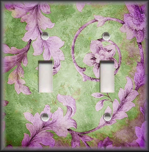 Metal Light Switch Plate Cover Purple Green Boho Decor Vintage Floral Leaves 