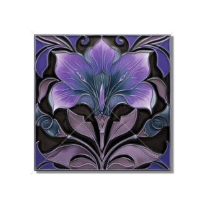 May include: A purple and blue floral tile with a stylized flower design. The tile has a dark background and a glossy finish.