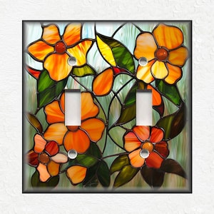 Orange Stained Glass Floral Design Metal Switch Plate Covers And Outlet Covers - Unique Light Switch Plate Covers Outlet Covers Wall Plates