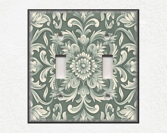Green Sage Antique Medallion Switch Plate Covers And Outlet Covers - Unique Green Switch Plate Covers And Outlet Covers - Green Wall Plates