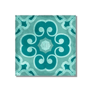 May include: Teal blue and light blue patterned tile with a geometric design. The tile has a distressed, vintage look.