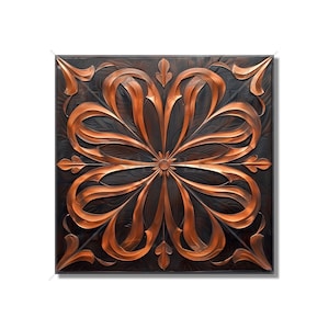 May include: A copper-colored metal tile with a decorative floral design. The tile has a dark brown background and a raised, intricate pattern.