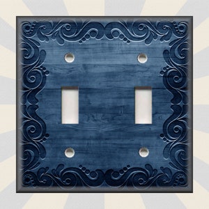 Navy Blue Rustic Swirl Framed Wood Design - Metal Light Switch Plate Cover - Switch Plates And Outlet Covers Triples Rockers - Free Shipping