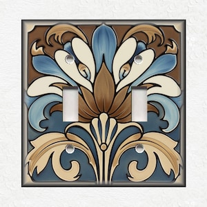 May include: A decorative light switch cover with a blue, brown, and cream floral design.