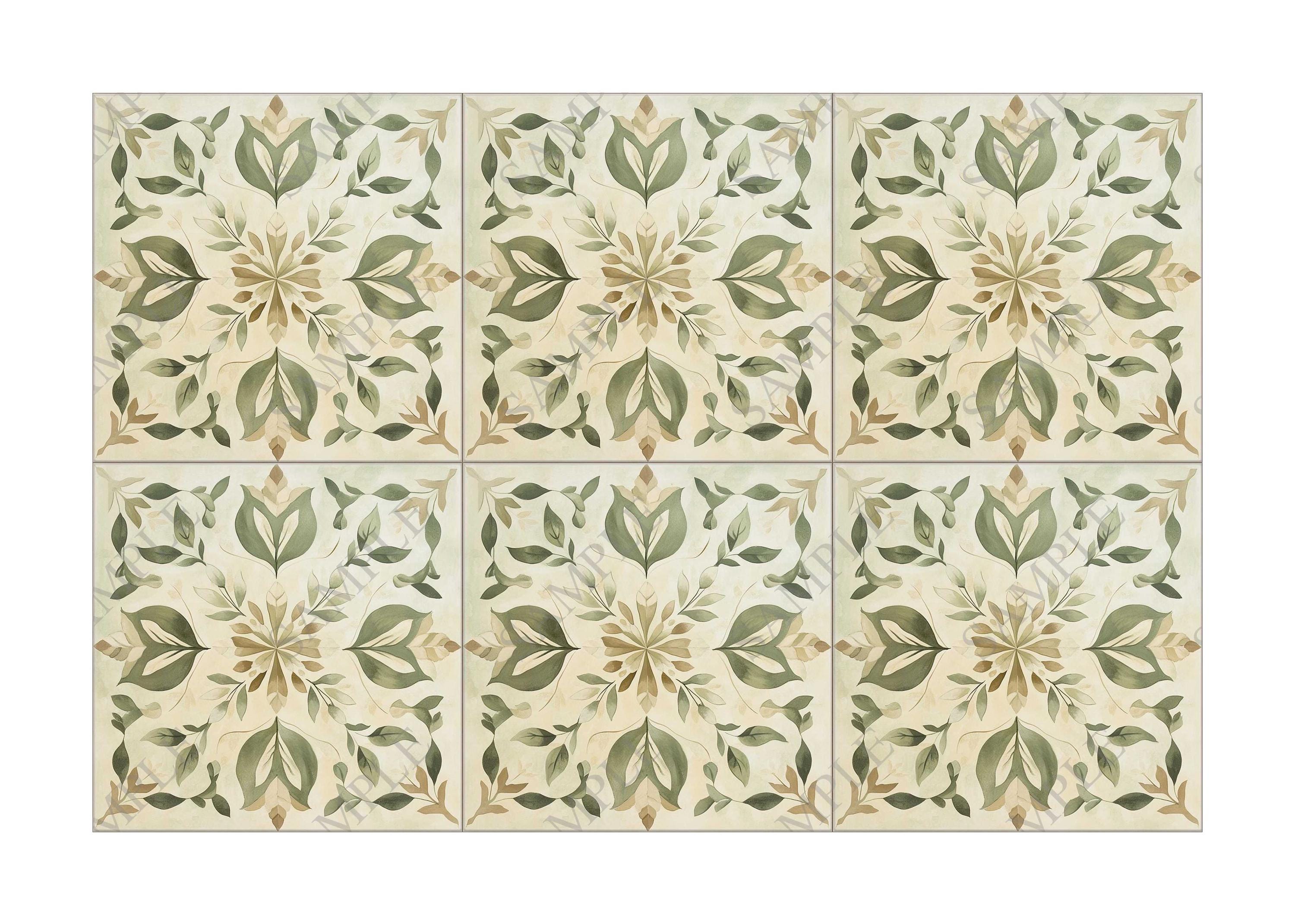 Green Beige Botanical Ceramic Tile, Patterned Kitchen Backsplash Tile