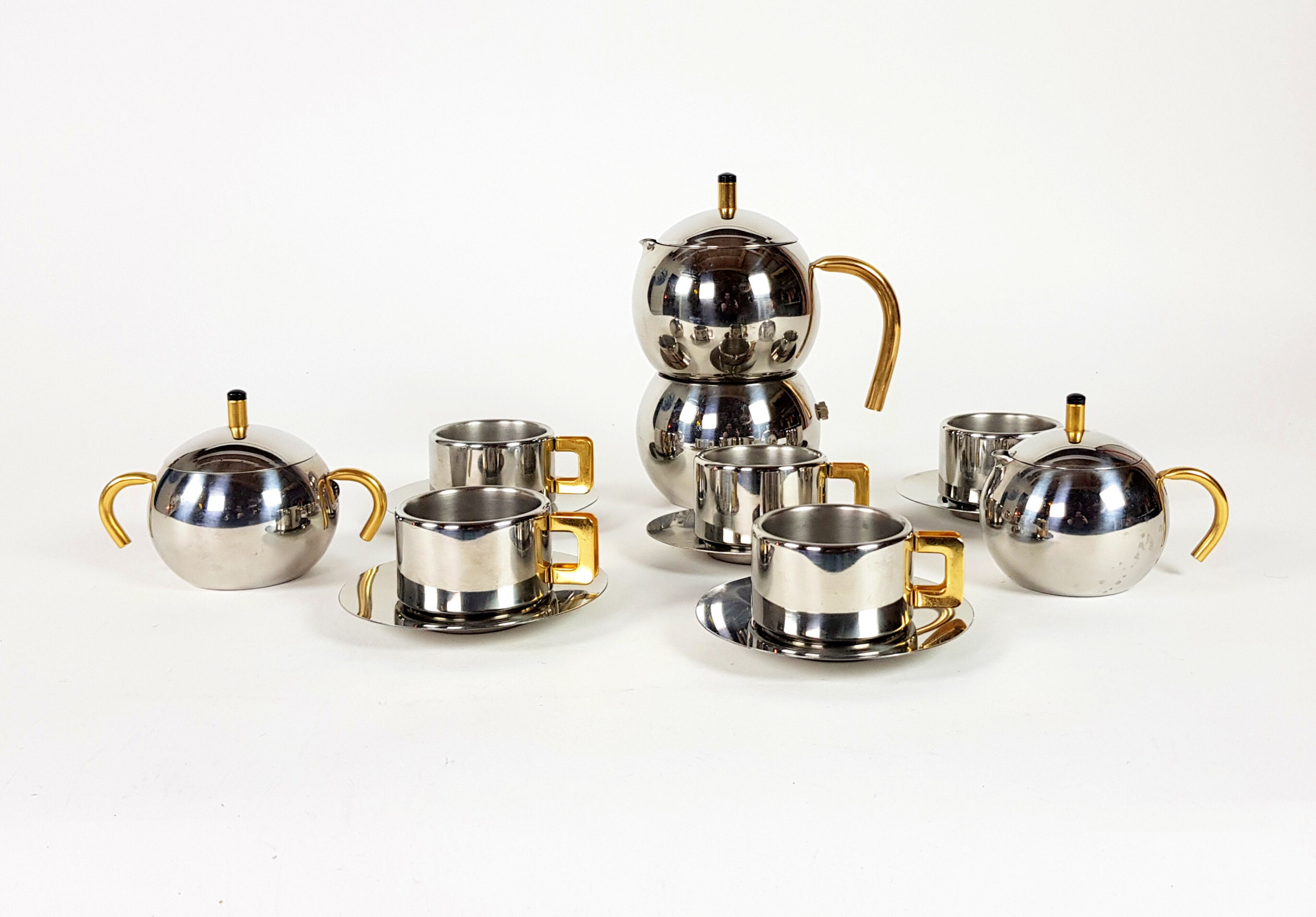 - Casalinghi STO head and dishes 3 Italian design memphis Milano style - - Tracanzan Alfa Pallina oro espresso set Oro 5 8