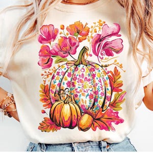 Fleurs d&#39;automne citrouilles Png, Sublimation de chemise d&#39;automne florale bohème, ambiance girly d&#39;automne Png, coup de pinceau automne preppy Png, saison citrouille rose Png