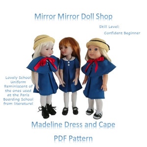 May include: Three dolls wearing blue dresses with red capes and white hats. The dolls are standing on a white background. The text "Madeline Dress and Cape PDF Pattern" is below the dolls. The text "Mirror Mirror Doll Shop" is at the top of the image.