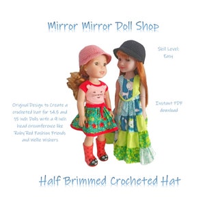 May include: Two dolls wearing crocheted hats. The doll on the left is wearing a pink hat with a brim and the doll on the right is wearing a black hat with a brim. The dolls are wearing dresses and are standing on a white background. The text "Mirror Mirror Doll Shop" is at the top of the image. The text "Half Brimmed Crocheted Hat" is at the bottom of the image. The text "Skill Level: Easy" is in the top right corner of the image. The text "Instant PDF download" is in the bottom right corner of the image.