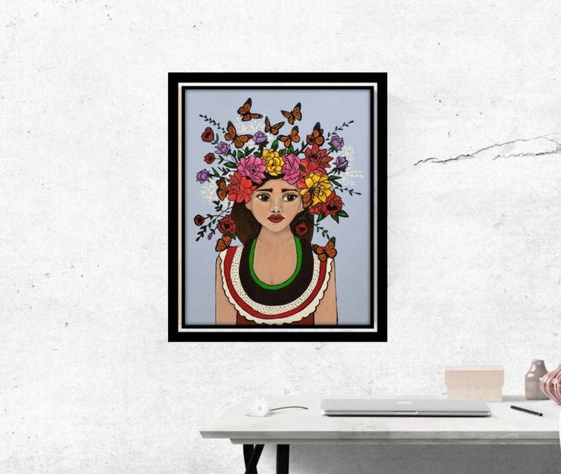 Butterflies and Flowers Colorful Feminine Art Print, Monarch Migration, Ancestors in Art, Flower Goddess Wall Art image 1
