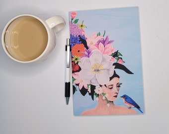 Flower Goddess Lined Notebook, Inspiration In Bloom, Soft Cover Writing Notebook, Woman with Flowers Notebook, Blooming Floral Notebook