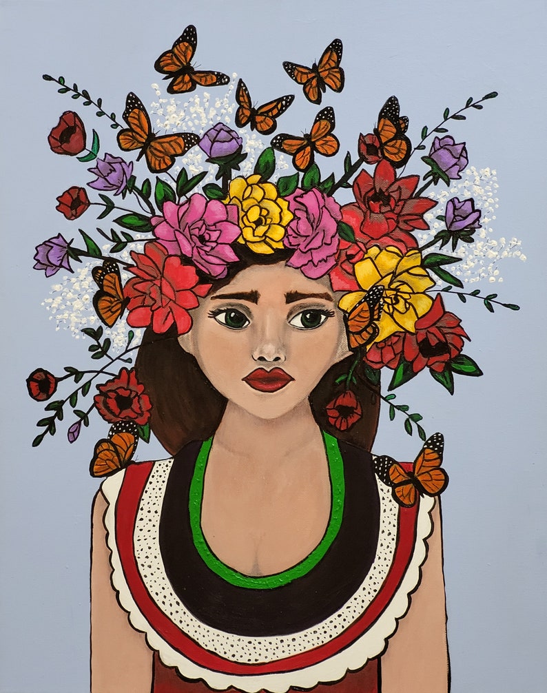 Butterflies and Flowers Colorful Feminine Art Print, Monarch Migration, Ancestors in Art, Flower Goddess Wall Art image 2
