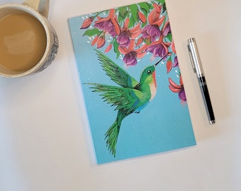 Hummingbird Lined Notebook, Hummingbird and Flowers Journal, Soft Cover Writing Notebook, Fuchsias and Flicker Gift Notebook