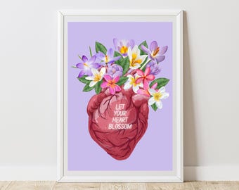 “Let Your Heart Blossom” Digital Illustration – Instant JPG Download – Anatomical Heart Poster – Maximalist Printable Art