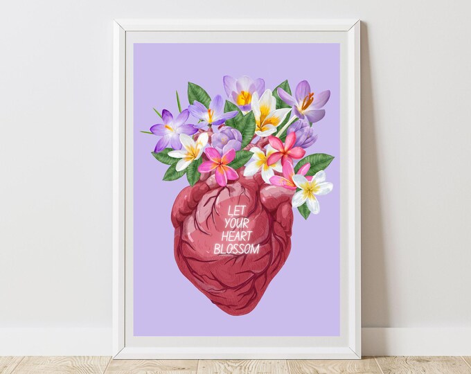“Let Your Heart Blossom” Digital Illustration – Instant JPG Download – Anatomical Heart Poster – Maximalist Printable Art