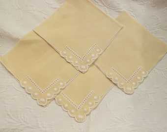Vintage Yellow and White Napkins White Embroidery Set of 4 Napkins