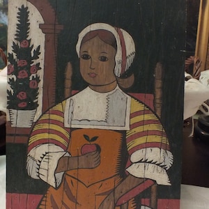 Vintage Dutch girl painted on wood panel - Artwork Folk ART