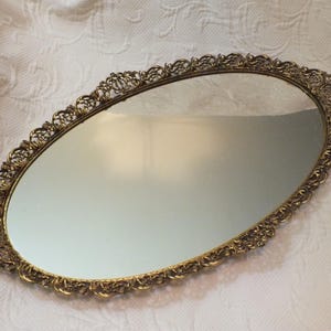 Large Cherub Vanity Tray with Mirror in Gold Vintage