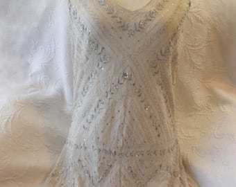 20&#39;s Style Dress in White with Silver Sequins Size 8 Hand Embroidered