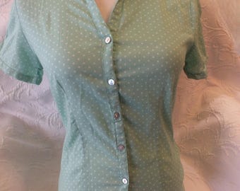 Vintage Short Sleeve Blouse  Mint Polka Dot Top Size XS/Small Collar Button  Down Shirt